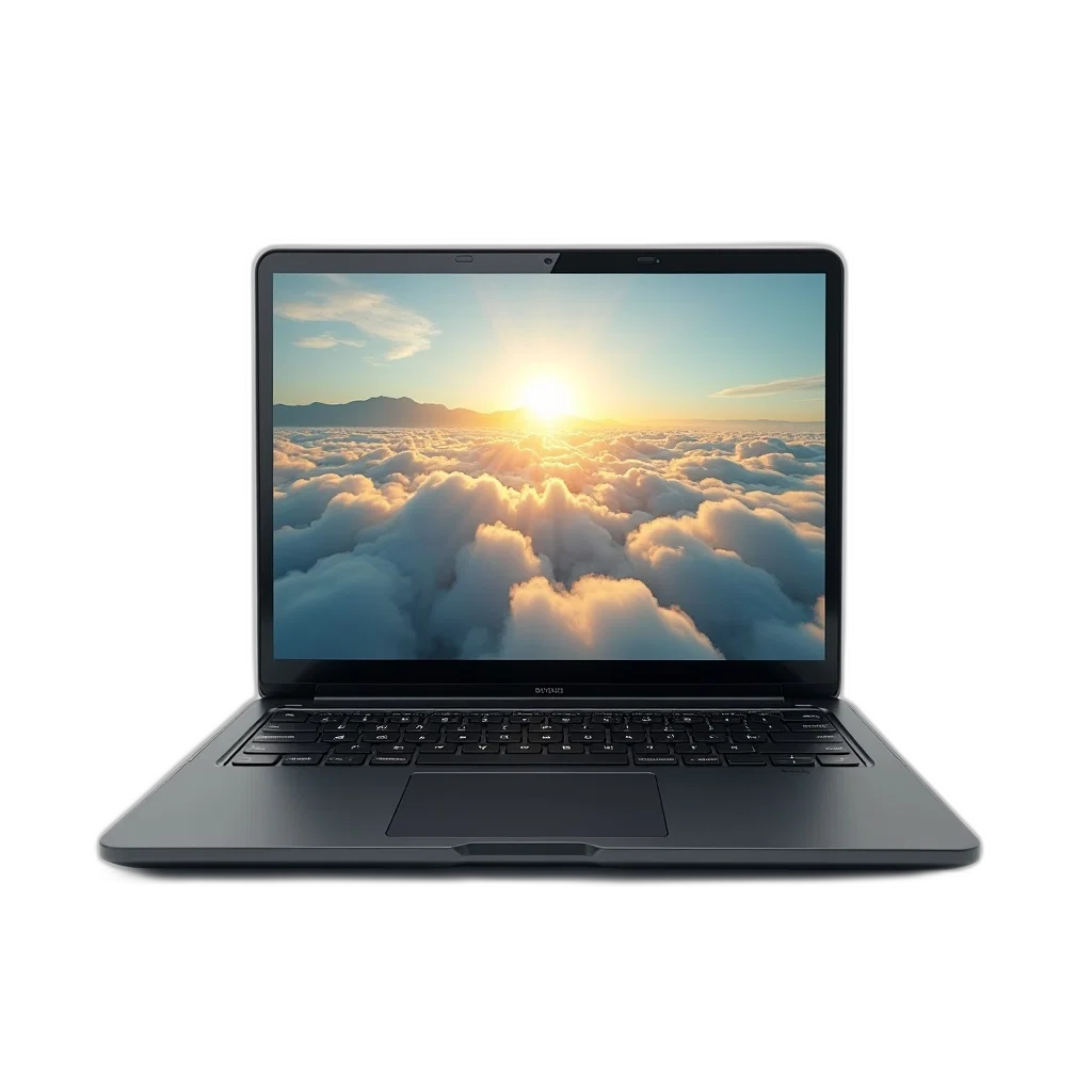 staff, 3d render, sleek, black, laptop, visible, screen, displaying transparent PNG cut-out
