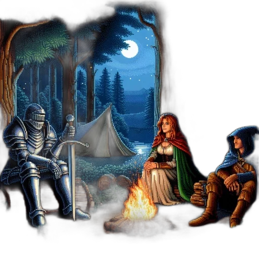 fantasy art, concept art, pixel art, comic book art, night, forest, fire, fog transparent PNG cut-out