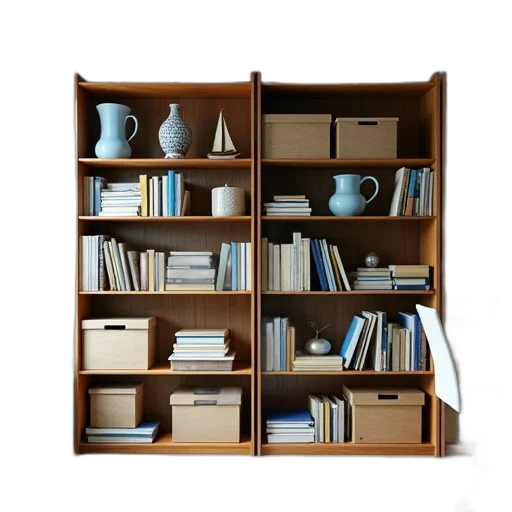 furniture, 3d render, well-organized, home, office, large, bookshelf, filled transparent PNG cut-out