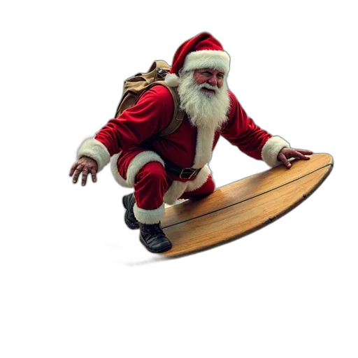 3d render, santa, surfing, his, surfboard, barrel, art, print transparent PNG cut-out