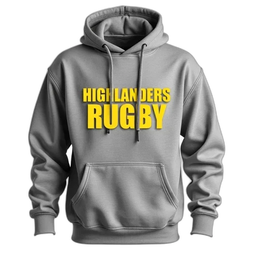 grey, hoodie, text, highlanders, rugby, front, displayed, white transparent PNG cut-out