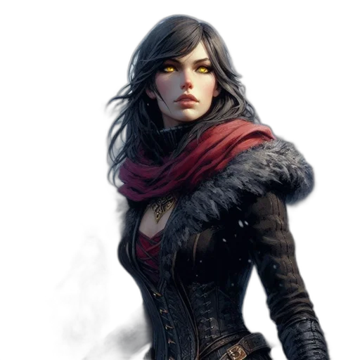 jacket, fantasy art, concept art, comic book art, photorealistic, dark, red, woman transparent PNG cut-out