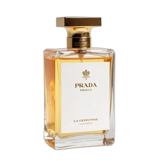 bottle, femme, prada, perfume, golden, cap, white, label transparent PNG cut-out