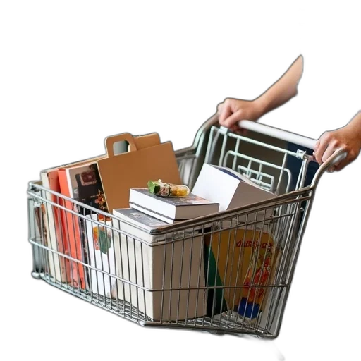furniture, person, standing, next, shopping, cart, filled, various transparent PNG cut-out