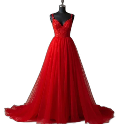 dress, red, long, tulle, straps, mesh, bottom transparent PNG cut-out