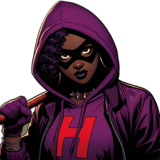 jacket, comic book art, concept art, cartoon, dark, female, character, purple transparent PNG cut-out
