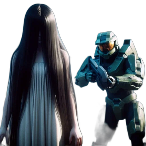 robot, dress, concept art, 3d render, two, characters, dominate, scene transparent PNG cut-out