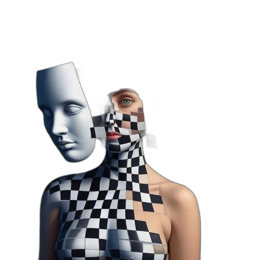 mask, face, robot, dress, 3d render, pixel art, cyberpunk, photorealistic transparent PNG cut-out