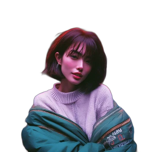 jacket, face, dress, creature, vaporwave, photorealistic, oil painting, pixel art transparent PNG cut-out