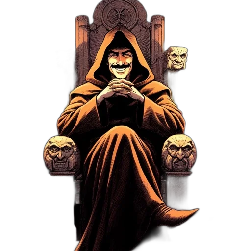 mask, comic book art, concept art, hooded, figure, mischievous, grin, sits transparent PNG cut-out