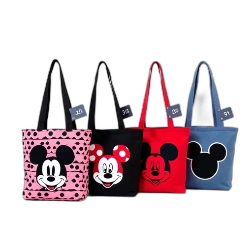 collection, four, different, disney-themed, tote, bags, displayed, against transparent PNG cut-out