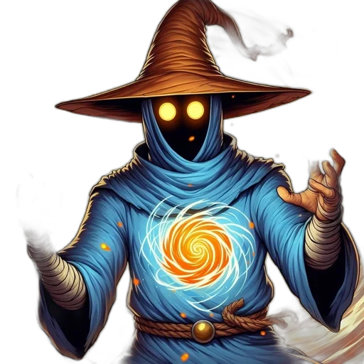 staff, mask, hat, fantasy art, concept art, comic book art, pixel art, glowing-eyed transparent PNG cut-out
