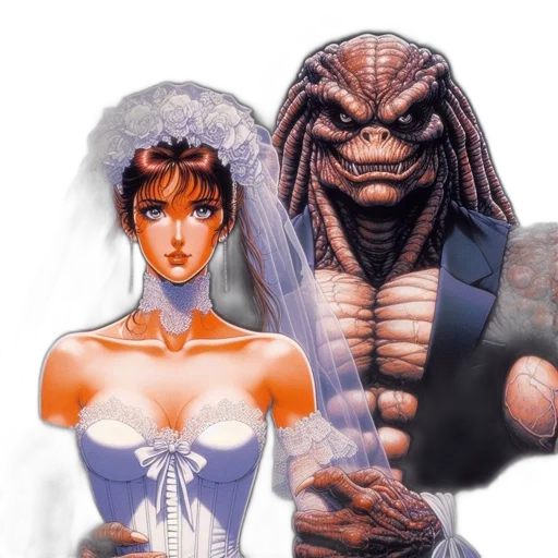 concept art, fantasy art, comic book art, vaporwave, outer space, bride, red-skinned, muscular transparent PNG cut-out