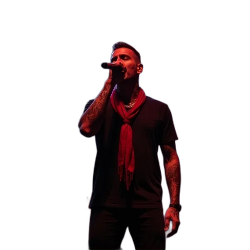 jacket, staff, red, person, tattoos, performing, stage, holding transparent PNG cut-out
