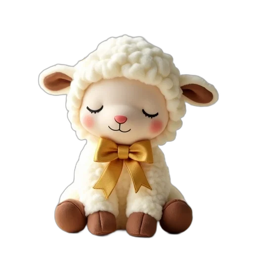 3d render, plush, toy, sheep, cream-colored, body, golden, bow transparent PNG cut-out