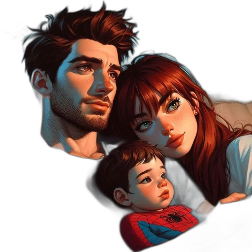 comic book art, concept art, photorealistic, watercolor, red, family, portrait, features transparent PNG cut-out