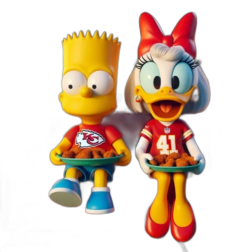 3d render, bart, simpson, daisy, duck, sit, red, couch transparent PNG cut-out