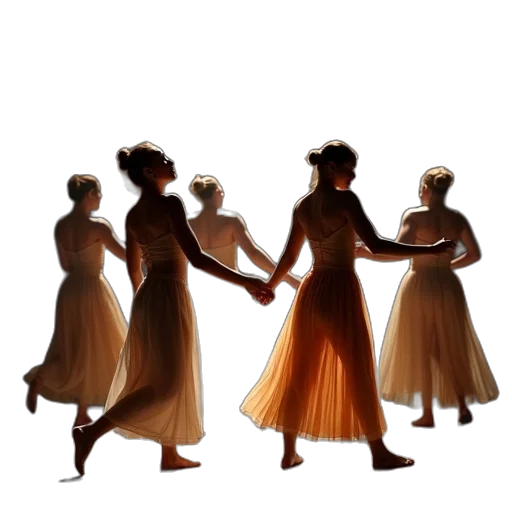 dress, staff, concept art, 3d render, earth tones, golden, group, dancers transparent PNG cut-out