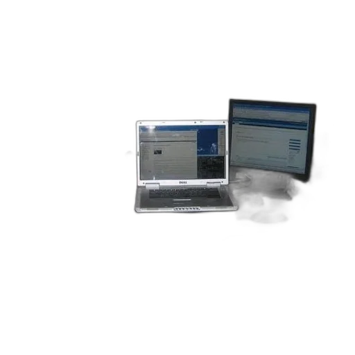staff, 3d render, laptop, sits, front, two, monitors, desk transparent PNG cut-out