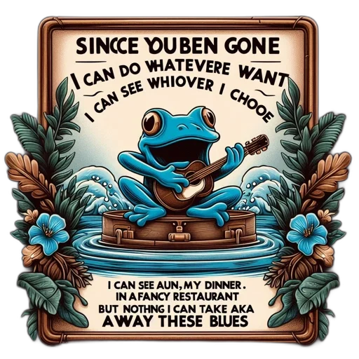 blue, frog, plays, guitar, boat, banner, containing, lyrics transparent PNG cut-out