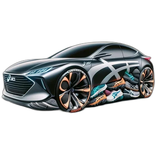 car, concept art, photorealistic, 3d render, cartoon, asics-branded, futuristic, features transparent PNG cut-out