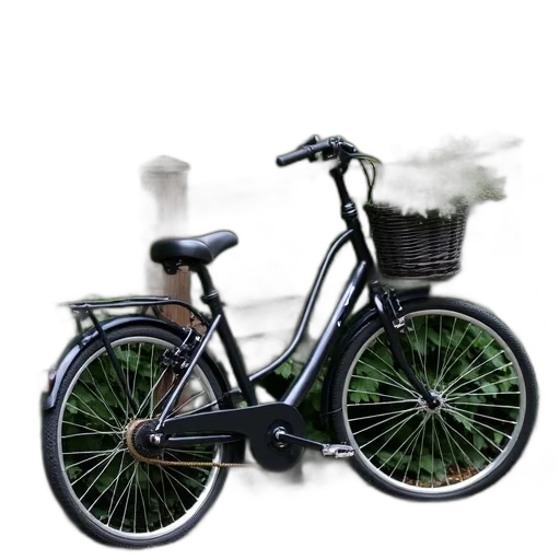 3d render, photorealistic, concept art, black, bicycle, basket, leaning, against transparent PNG cut-out