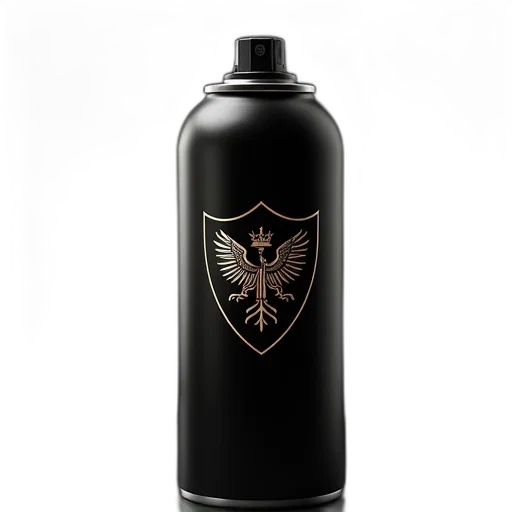 bottle, 3d render, concept art, black, aero, spray, crest, logo transparent PNG cut-out