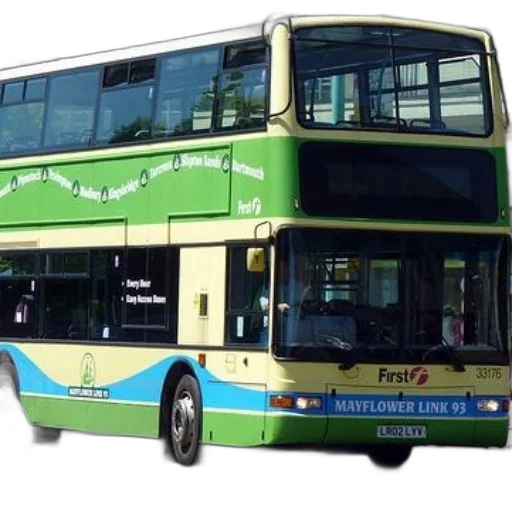 staff, 3d render, photorealistic, green, double-decker, bus, route, number transparent PNG cut-out