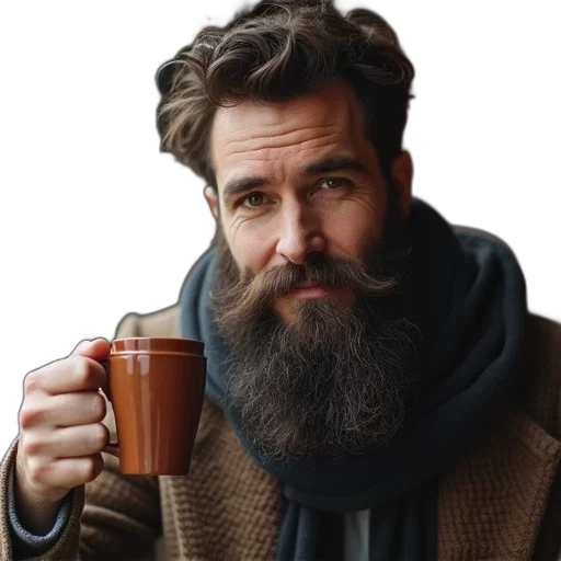 face, hair, jacket, photorealistic, bearded, woman, coffee, mug transparent PNG cut-out