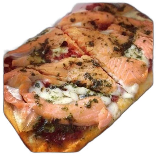 food, rectangular, pizza, salmon, cheese, herbs, white, surface transparent PNG cut-out