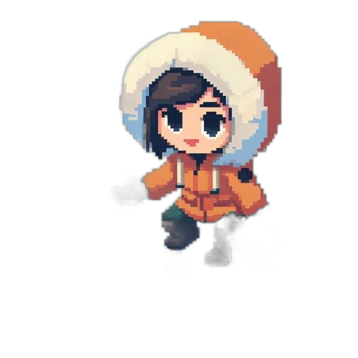 hat, jacket, staff, creature, pixel art, concept art, 3d render, anime transparent PNG cut-out