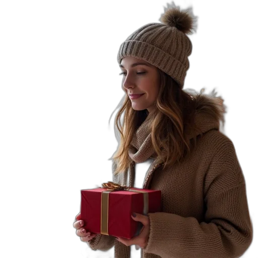 hat, jacket, christmas, woman, gift, near, tree, white transparent PNG cut-out