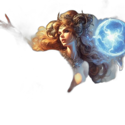 fantasy art, concept art, comic book art, photorealistic, outer space, fire, sorceress-like, figure transparent PNG cut-out