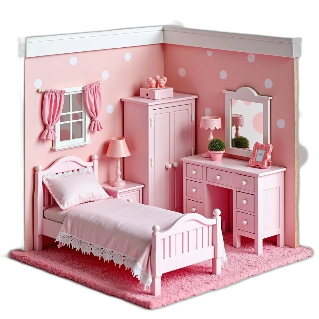 furniture, 3d render, photorealistic, concept art, forest, pastel, dollhouse, pink transparent PNG cut-out