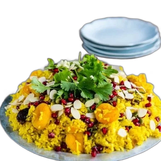 food, vibrant, dish, yellow, rice, topped, apricots, almonds transparent PNG cut-out