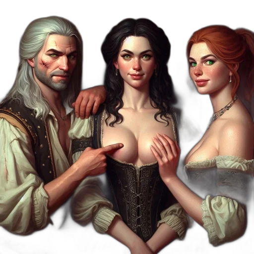 fantasy art, concept art, pixel art, photorealistic, fire, golden, three, individuals transparent PNG cut-out