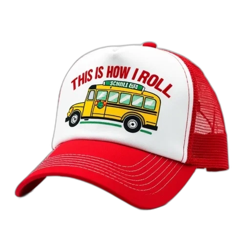 hat, 3d render, red, white, trucker, graphic, design, reads transparent PNG cut-out
