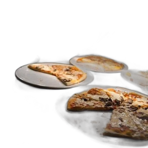 food, 3d render, photorealistic, variety, pizzas, white, plates, restaurant transparent PNG cut-out