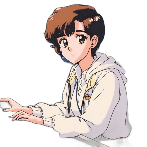 jacket, staff, face, hair, anime, vaporwave, cartoon, pixel art transparent PNG cut-out