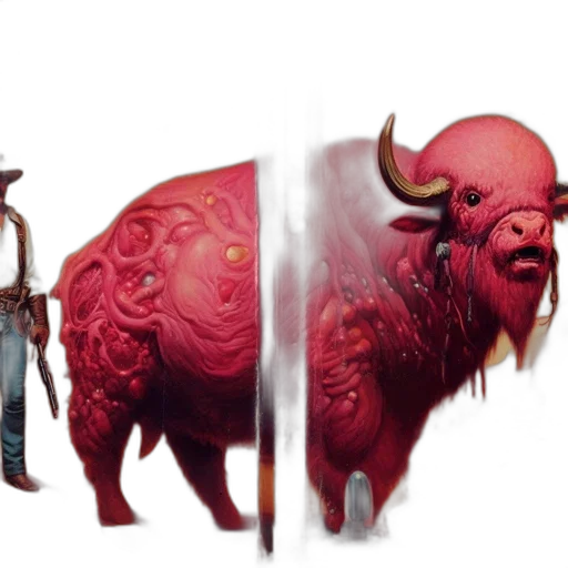 concept art, fantasy art, 3d render, comic book art, red, cowboy, stands, beside transparent PNG cut-out