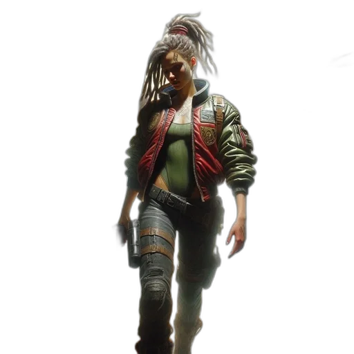 jacket, weapon, staff, concept art, cyberpunk, 3d render, photorealistic, atmospheric transparent PNG cut-out