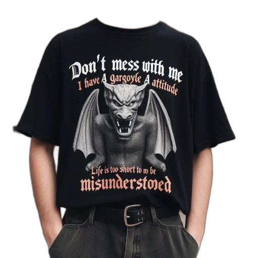 individual, wears, shirt, featuring, gargoyle, quote, while, standing transparent PNG cut-out