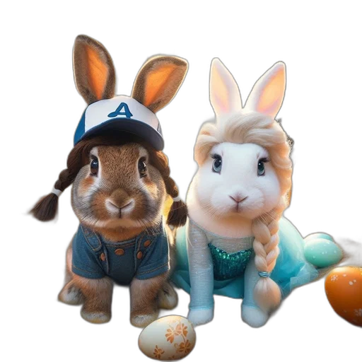 hat, 3d render, concept art, two, rabbits, one, dressed, denim transparent PNG cut-out