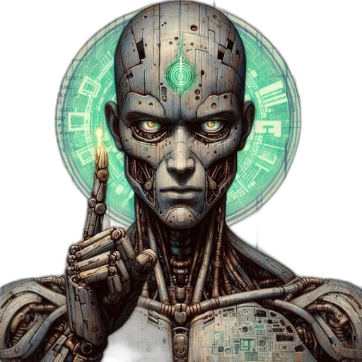 robot, face, cyberpunk, comic book art, concept art, fantasy art, green, robotic transparent PNG cut-out