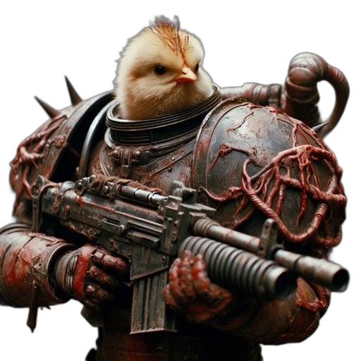 weapon, animal, robot, concept art, photorealistic, 3d render, cyberpunk, chick transparent PNG cut-out