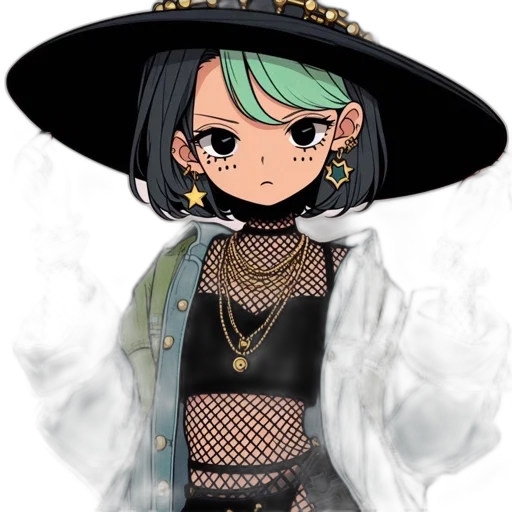 hat, staff, jacket, jewelry, anime, cartoon, concept art, pixel art transparent PNG cut-out