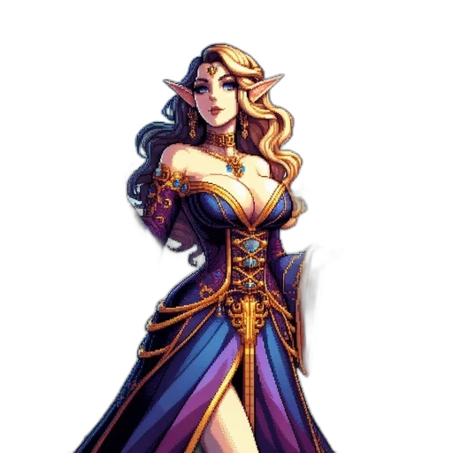dress, staff, crown, fantasy art, pixel art, concept art, comic book art, dark transparent PNG cut-out