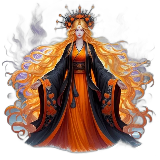 fantasy art, concept art, pixel art, comic book art, fire, female, figure, golden transparent PNG cut-out