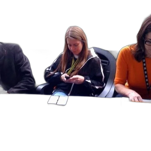 staff, woman, black, jacket, sits, table, laptop, cell transparent PNG cut-out