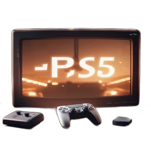 3d render, vintage, displays, ps5, while, resting, wooden, table transparent PNG cut-out